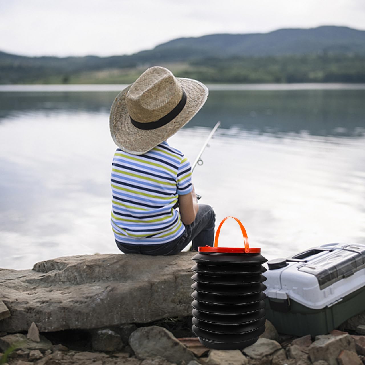 Mikikit collapsible bucket open, showing easy expansion for camping or fishing.