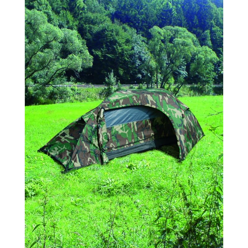 Mil-Tec Recon Woodland 1-Man Tent side-entry view with mosquito net and vestibule for gear storage.
