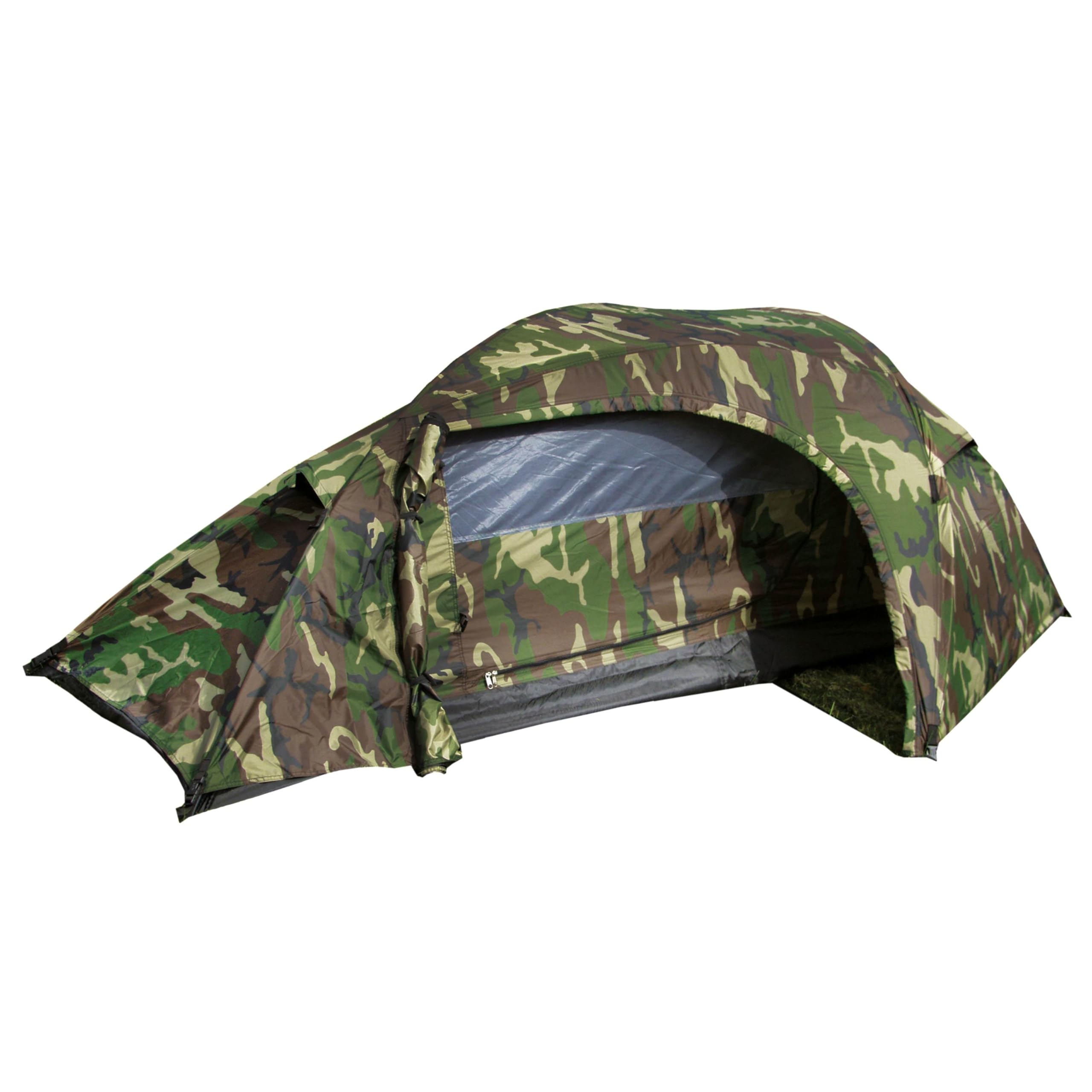 Mil-Tec Recon Woodland 1-Man Tent top view, showing compact, weatherproof shelter for solo camping.
