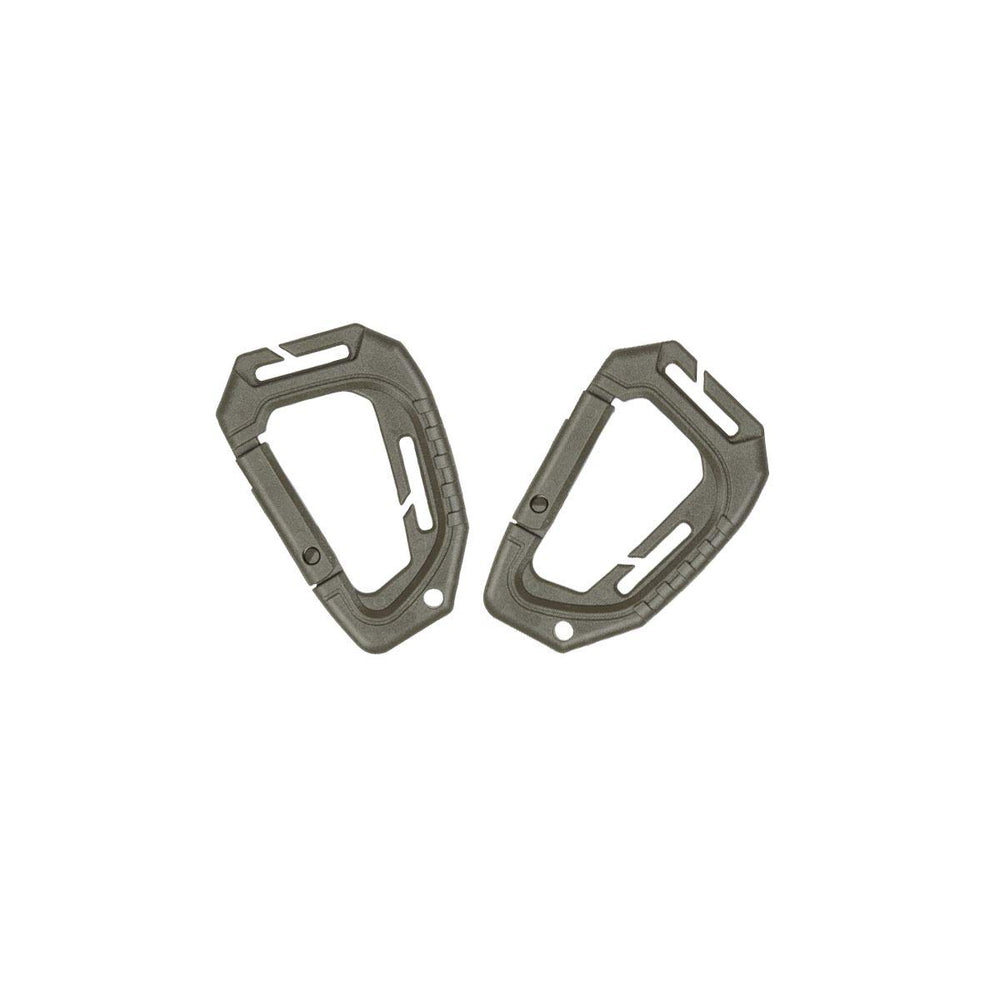 Mil-Tec Tactical MOLLE Carabiner close-up in olive green, highlighting sturdy plastic design.