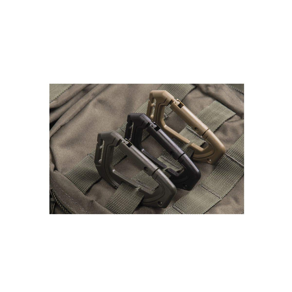 Mil-Tec Tactical MOLLE Carabiner in-use demonstrates lightweight, practical gear organization.