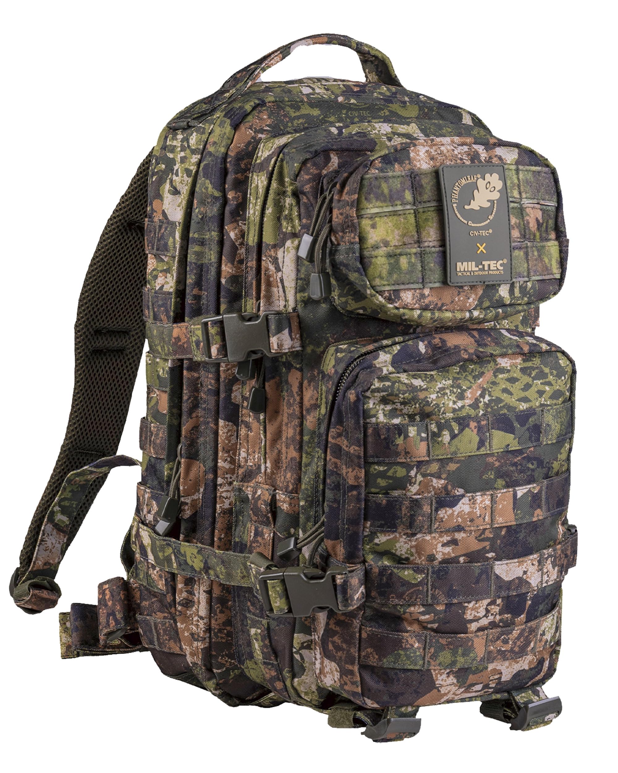 Mil-Tec unisex assault pack front view highlights 20L capacity for daily commutes and quick hikes.
