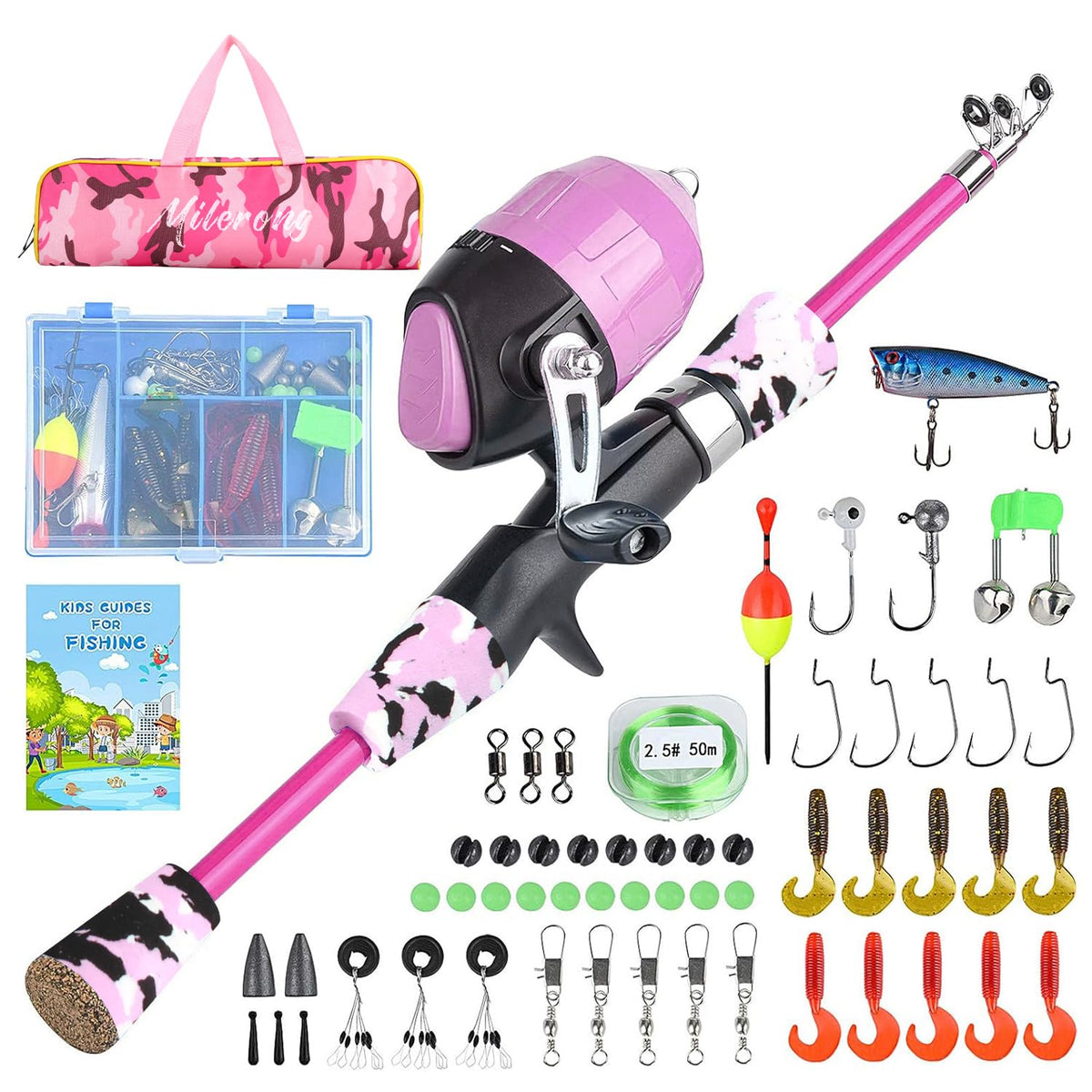 Milerong kids fishing rod in pink with case and accessories