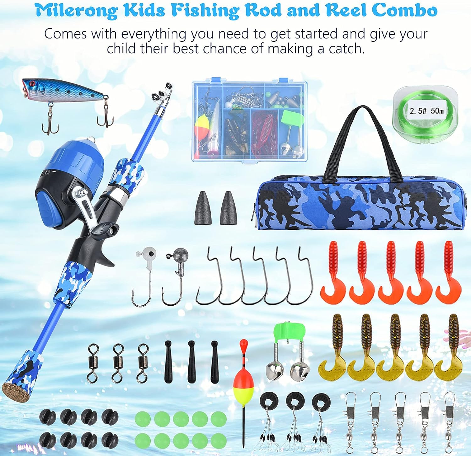 Milerong kids fishing setup ready image shows all-in-one kit assembled.