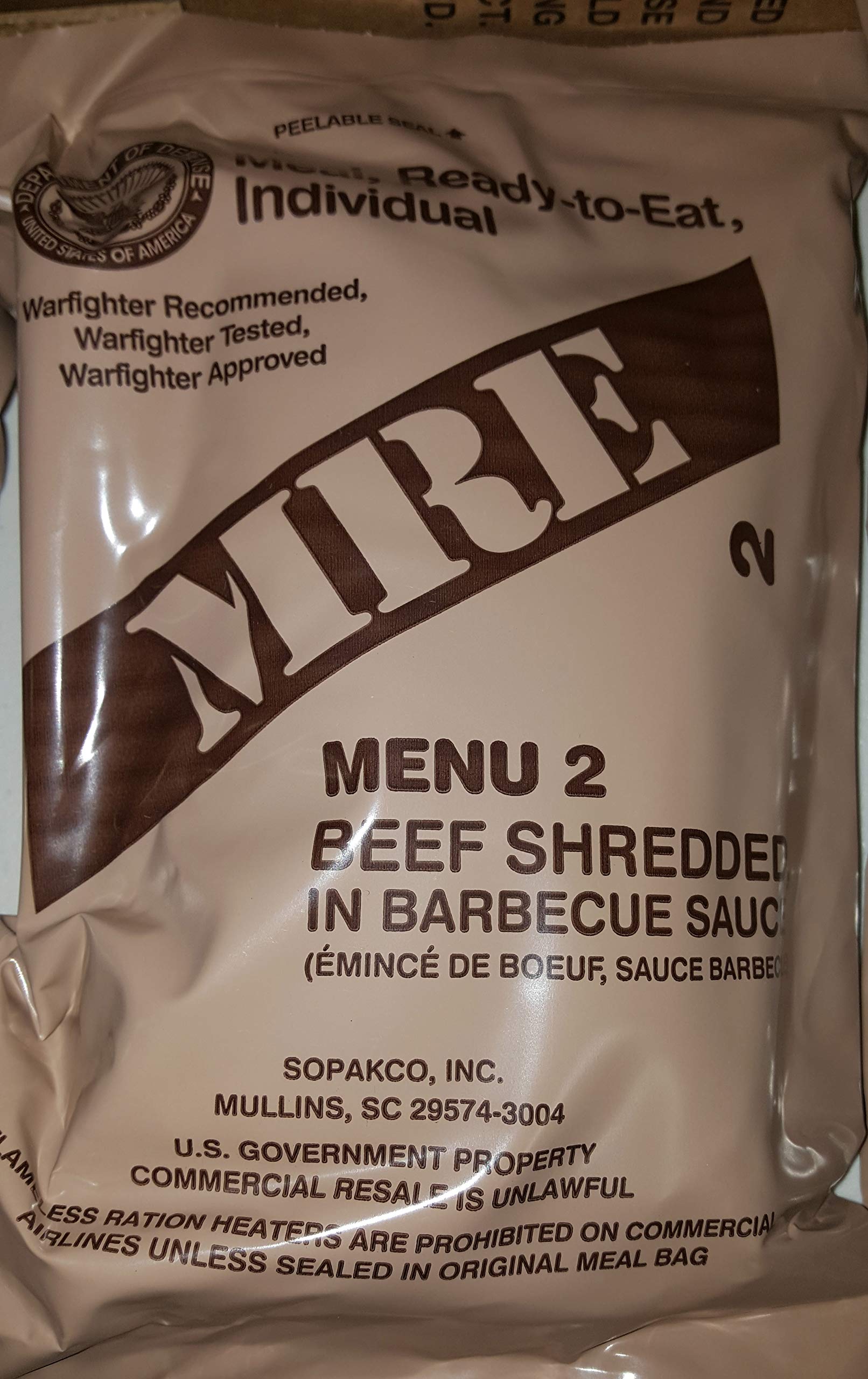 Military MRE beef BBQ package, ready-to-eat, ideal for camping and emergencies.