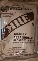 Military MRE beef BBQ package, ready-to-eat, ideal for camping and emergencies.
