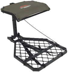 Millennium Outdoors M60U Hang-On stand side view, level-ready on uneven terrain.