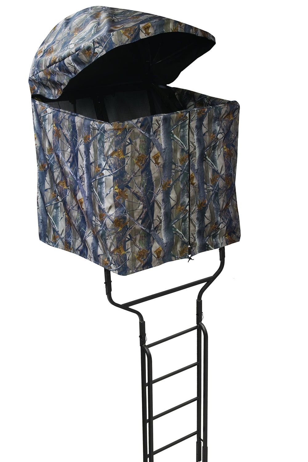 Millennium Treestands B1 Blind in forest camouflage enhances concealment for elevated hunts.