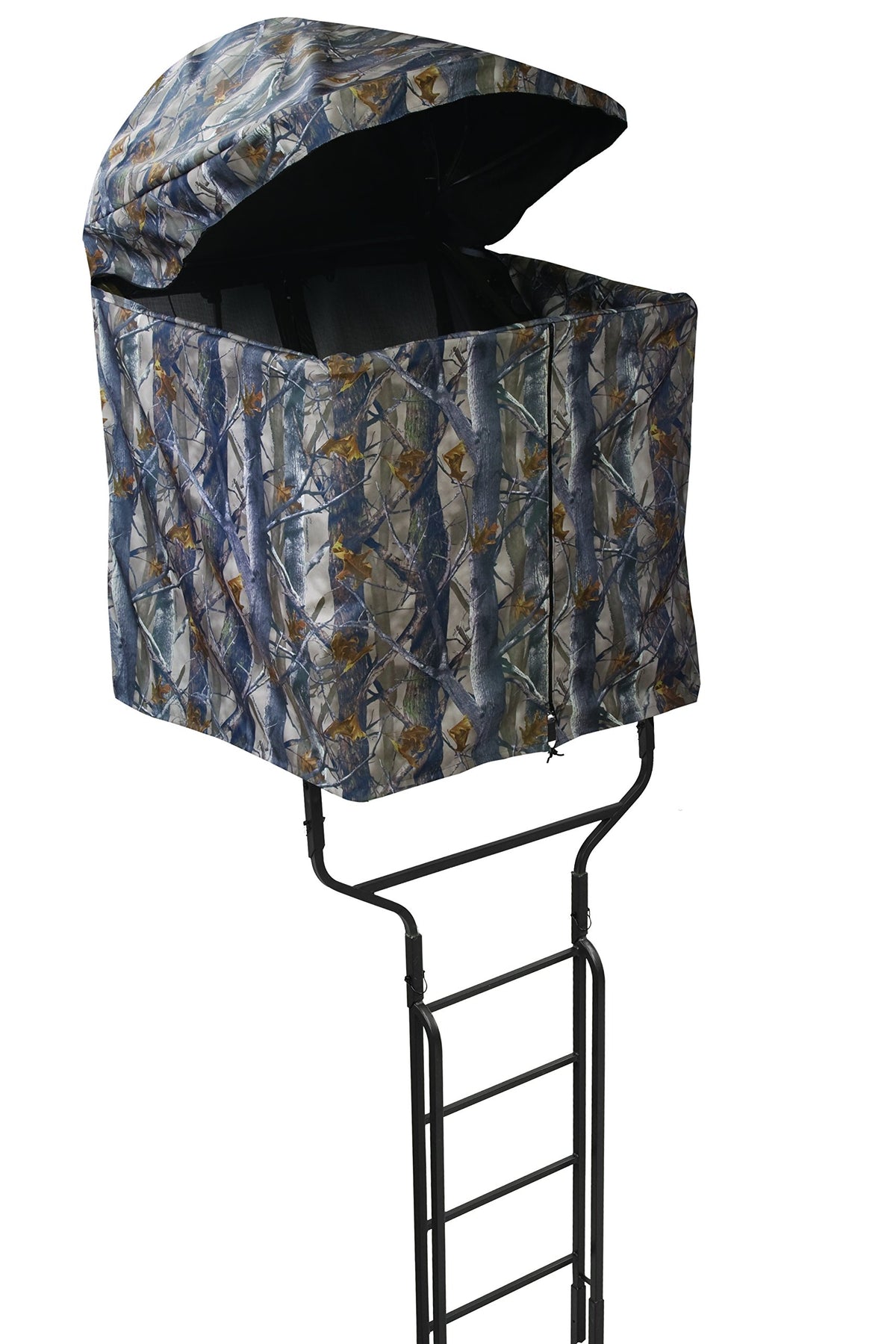 Millennium Treestands B1 Blind in forest camouflage enhances concealment for elevated hunts.