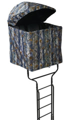 Millennium Treestands B1 Blind in forest camouflage enhances concealment for elevated hunts.