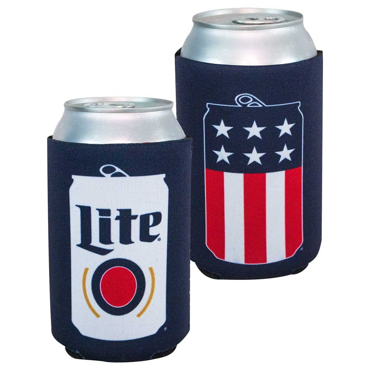 Miller Lite Patriotic USA can cooler with red-white-blue design fits standard 12-ounce cans.