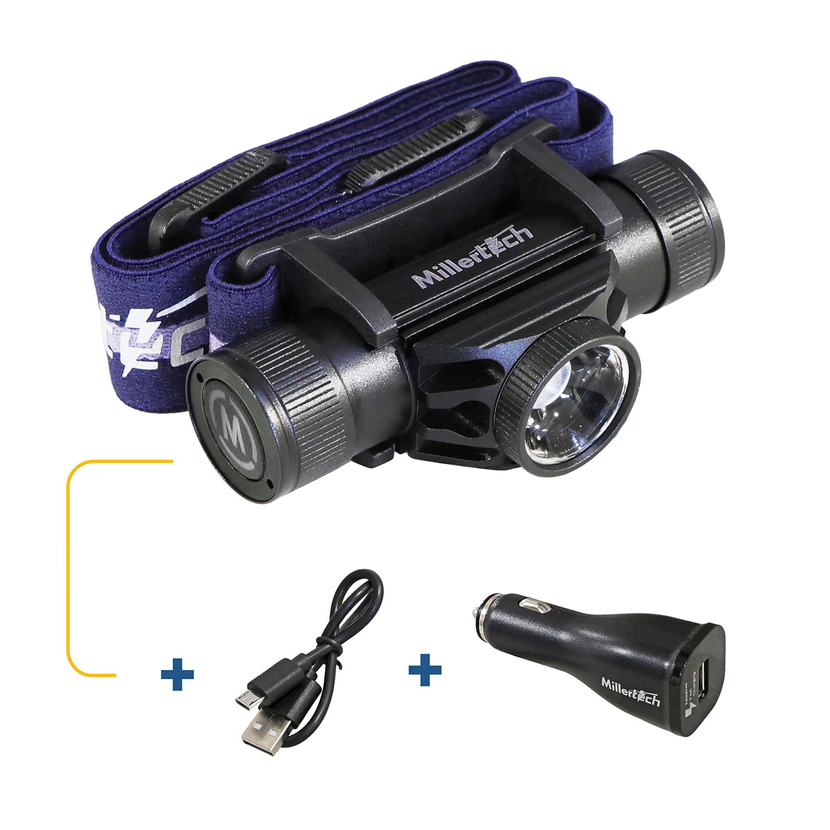 Millertech #556 headlamp front view, slim aluminum body for outdoor comfort