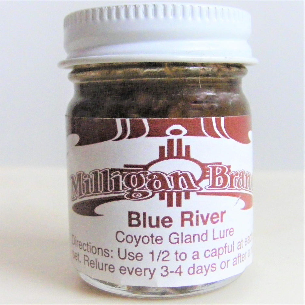 Milligan Blue River coyote gland lure pour attracts coyotes for urine post sets.