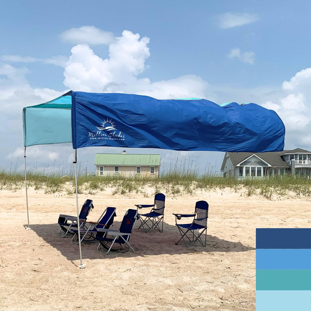 MillionShades Beach Shade Canopy Grande front view with expansive shade for the crew.