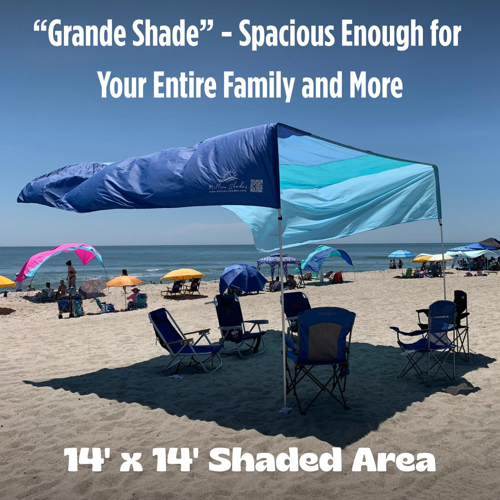 MillionShades Beach Shade Canopy Grande top view highlights 360° openness for beach views.