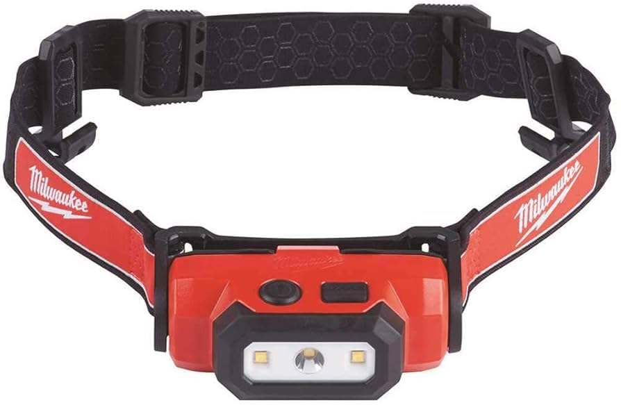 Milwaukee 2111-21 headlamp on hard hat provides hands-free lighting during nighttime work