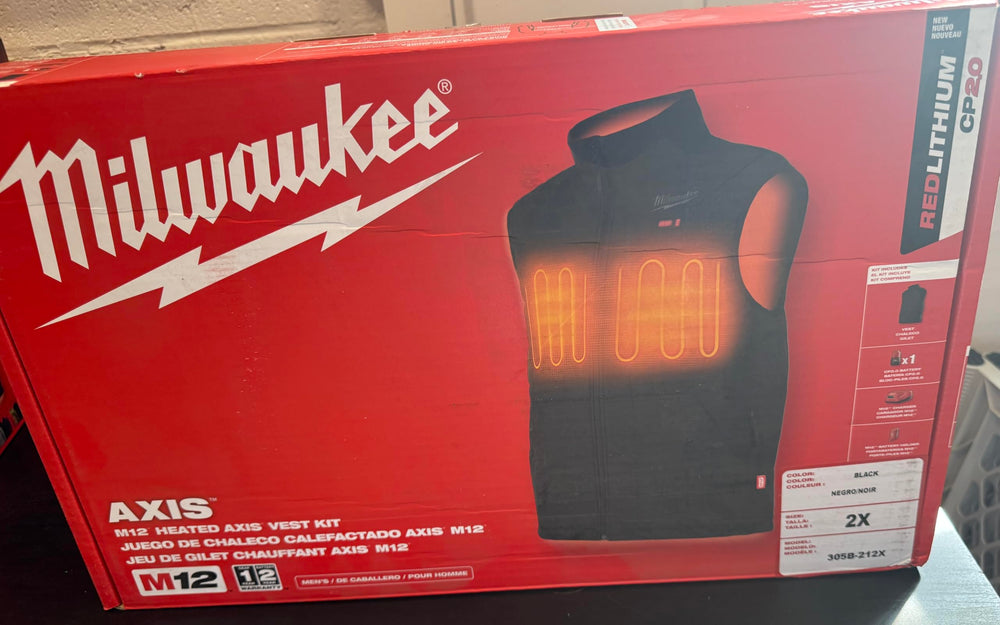 Milwaukee M12 Heated AXIS Vest with chest and back heat zones for warmth.