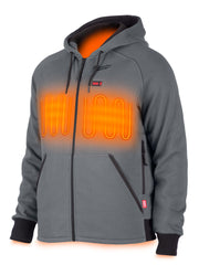 Milwaukee M12 heated hoodie front view showing chest and back heat zones for cold outdoor work