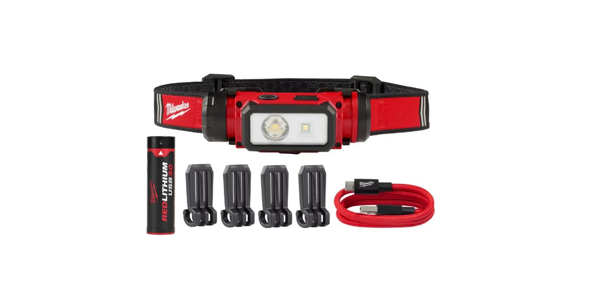 Milwaukee REDLITHIUM USB hard hat headlamp shown on a site worker for hands-free task lighting.