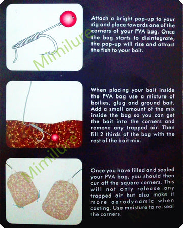 Close-up of Mimilure PVA bag being filled with bait for fishing