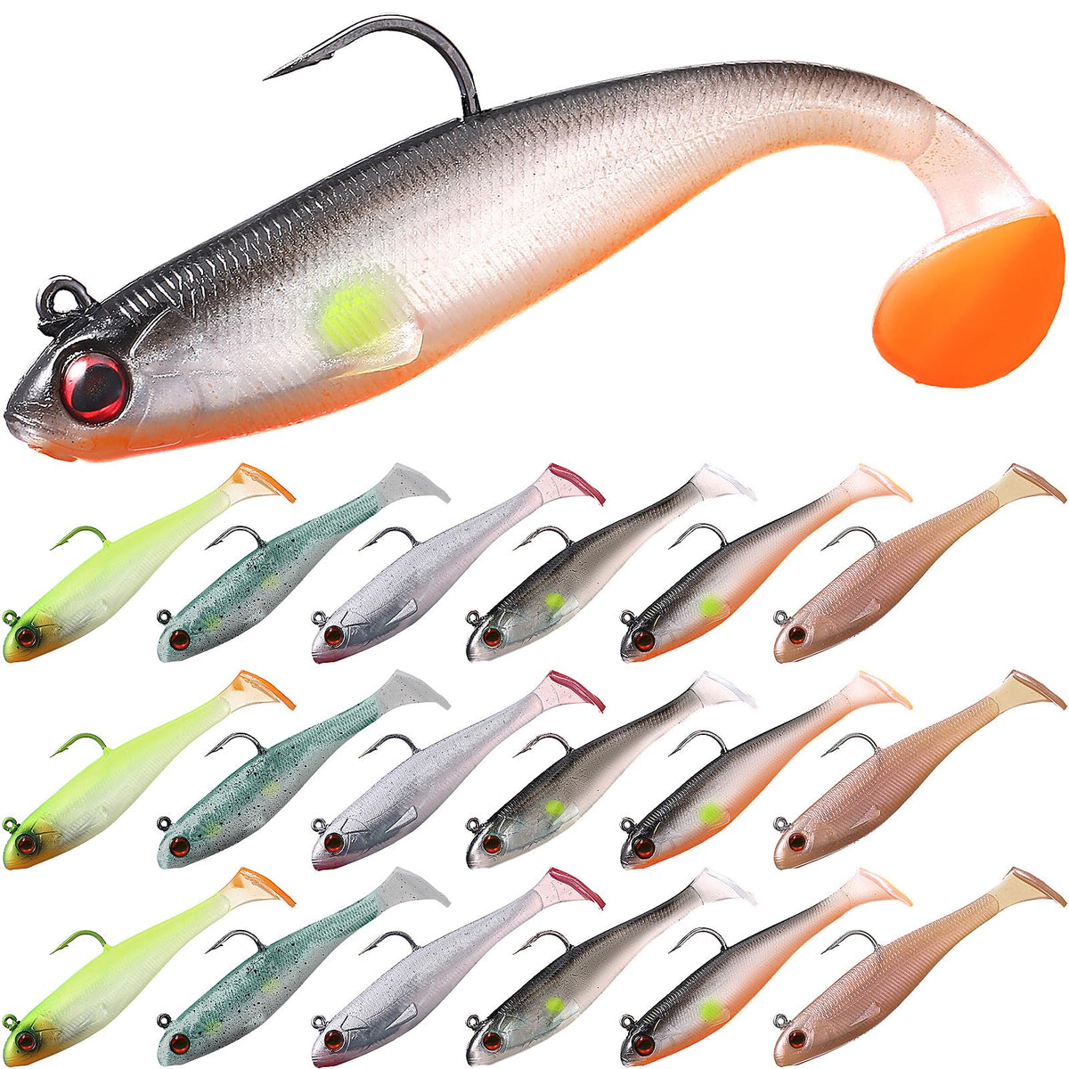 Mimorou 18-pack soft fishing lures with pre-rigged jig heads