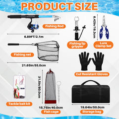 Collapsible fishing rods with blue reels and components