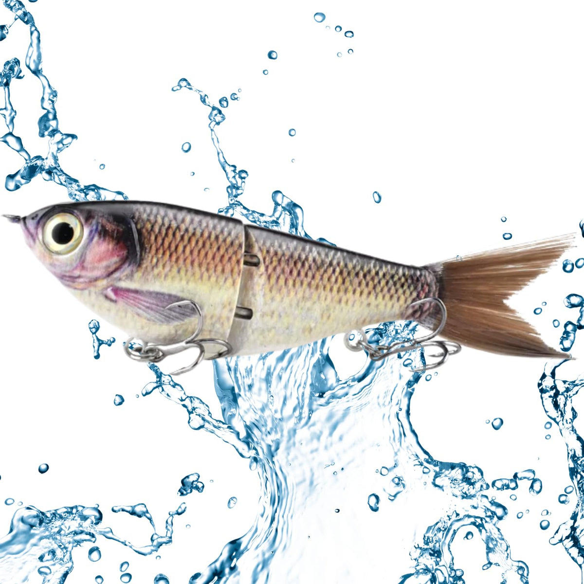 Mini Slow Sinking Jointed Glide Bait with brush tail and 3D eyes - front profile