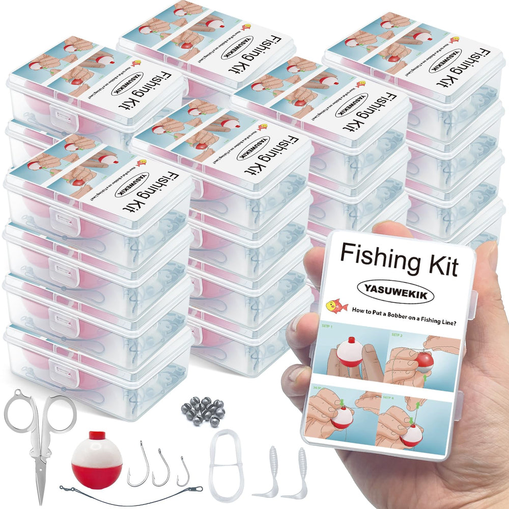 Bulk 24-pack mini fishing kit in a clear case