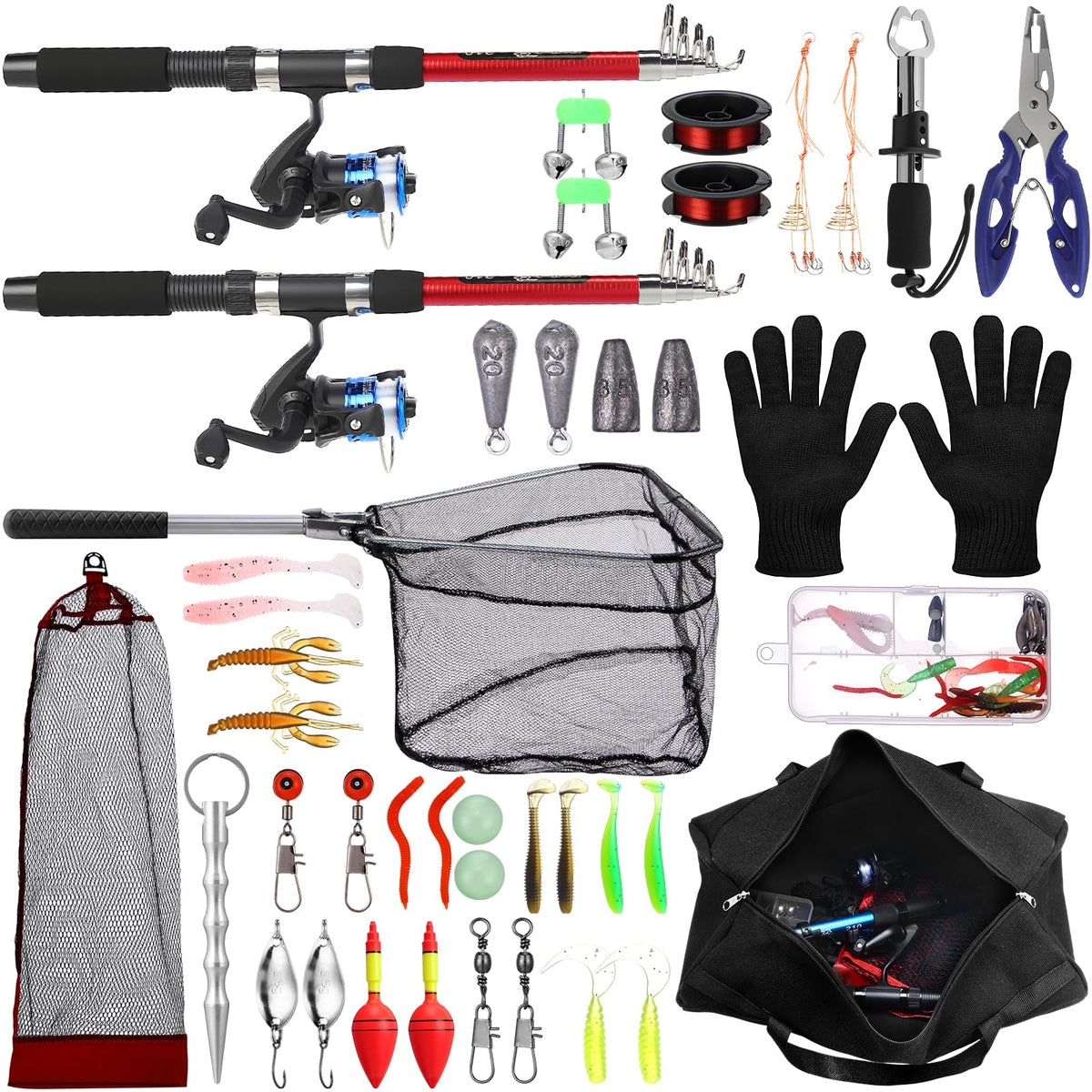 MiniInflat red telescopic fishing rod with spinning reel assembled