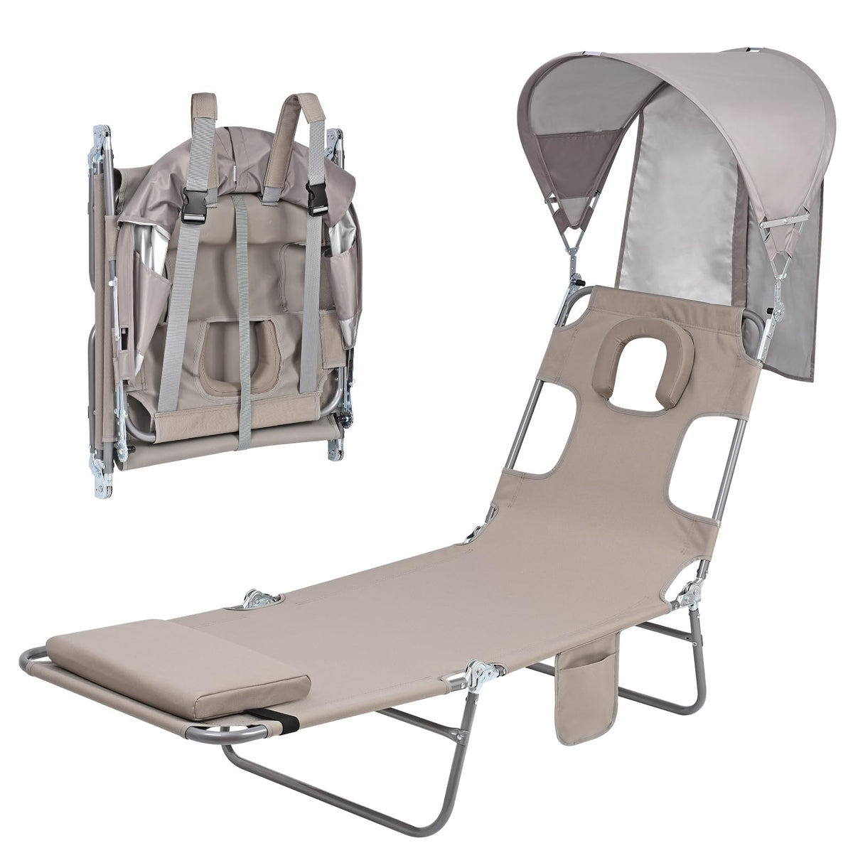 Minndudu backpack beach tanning chair with canopy shields sun while you lounge.