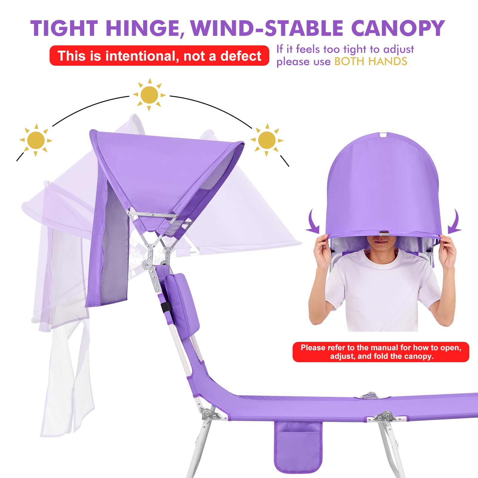 Minndudu chair with UPF 50+ canopy blocking UV rays during outdoor days