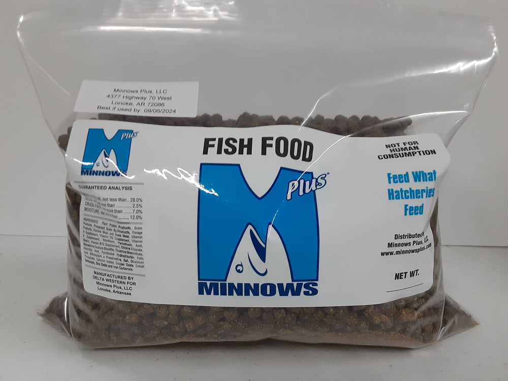 Floating minnow fish food pellets (1.5 lb) for golden shiner and fathead minnows.