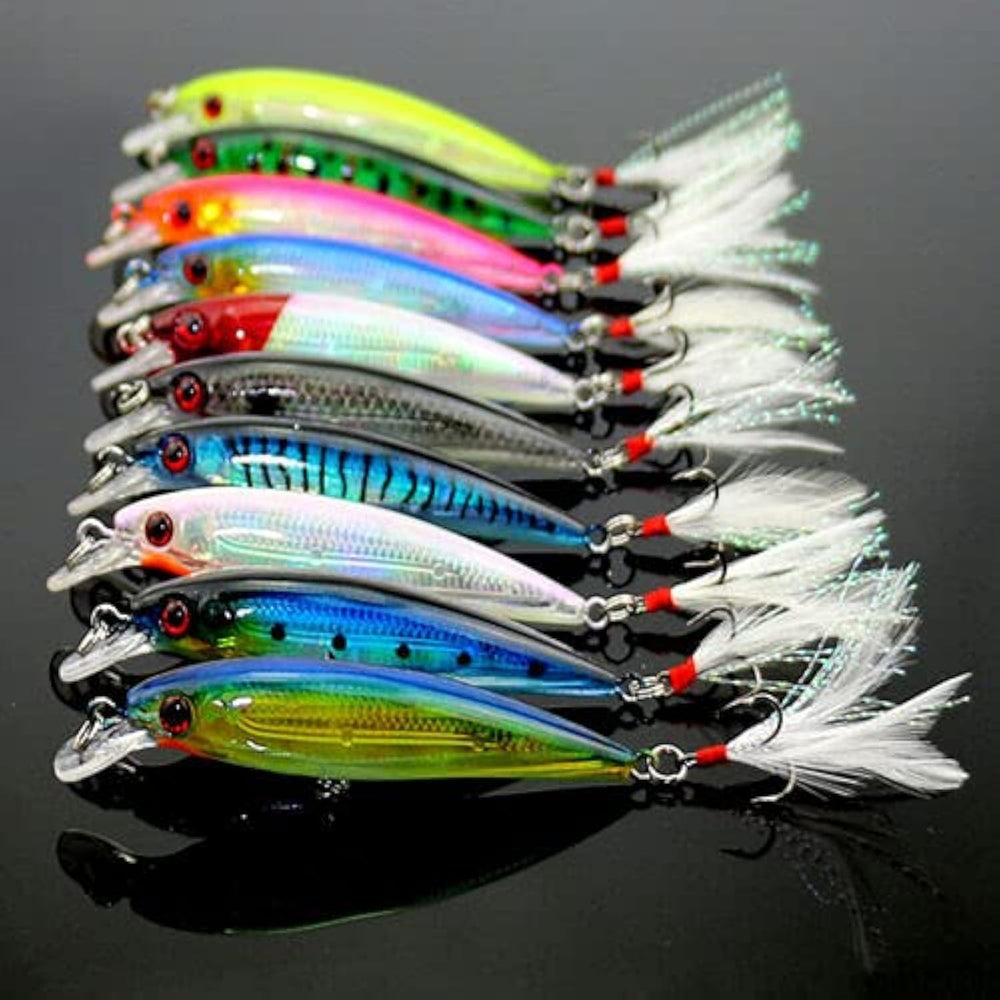 10Pcs Minnow Lures Kit - assorted colors and patterns