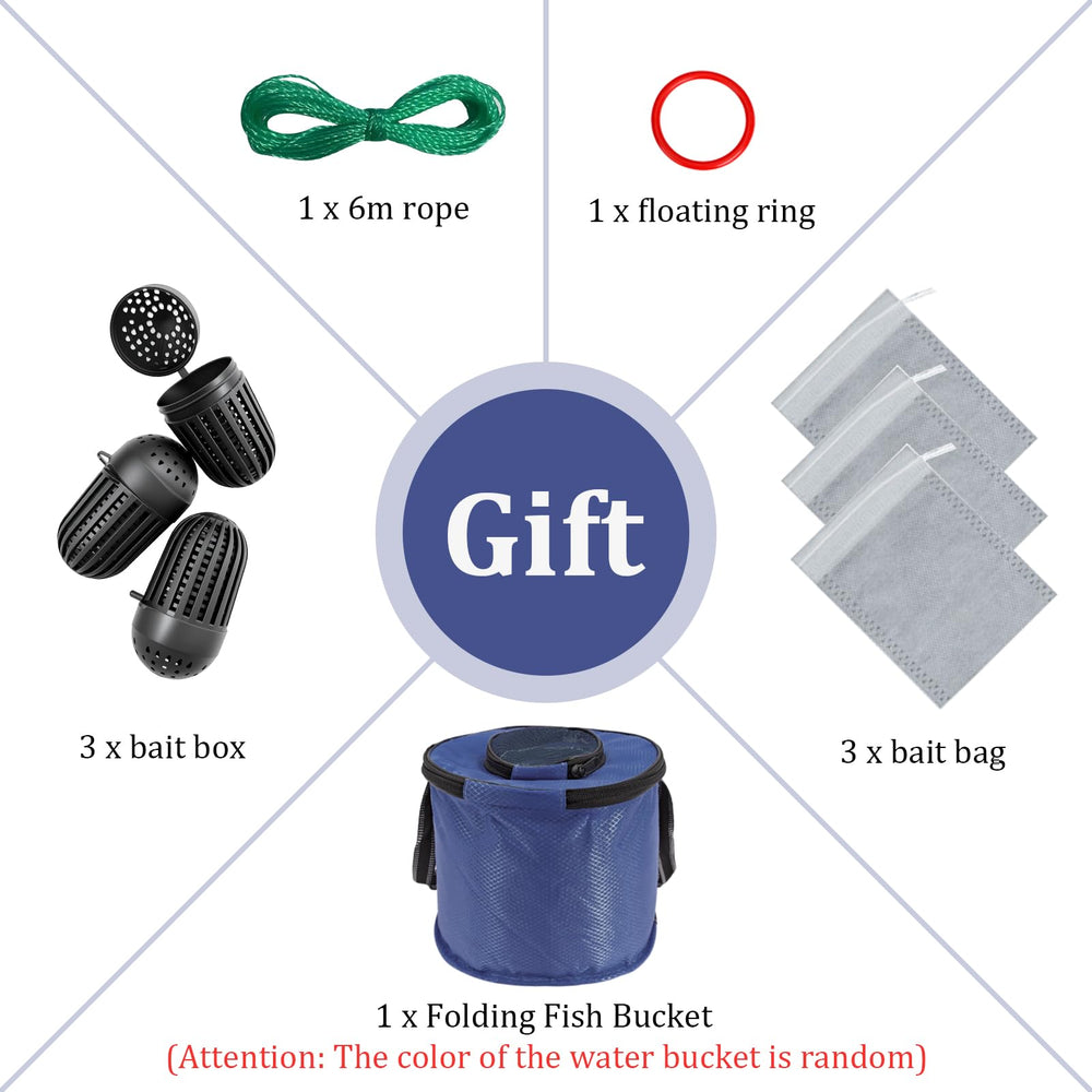 Includes bait bag, rope, folding fish bucket, and floating ring