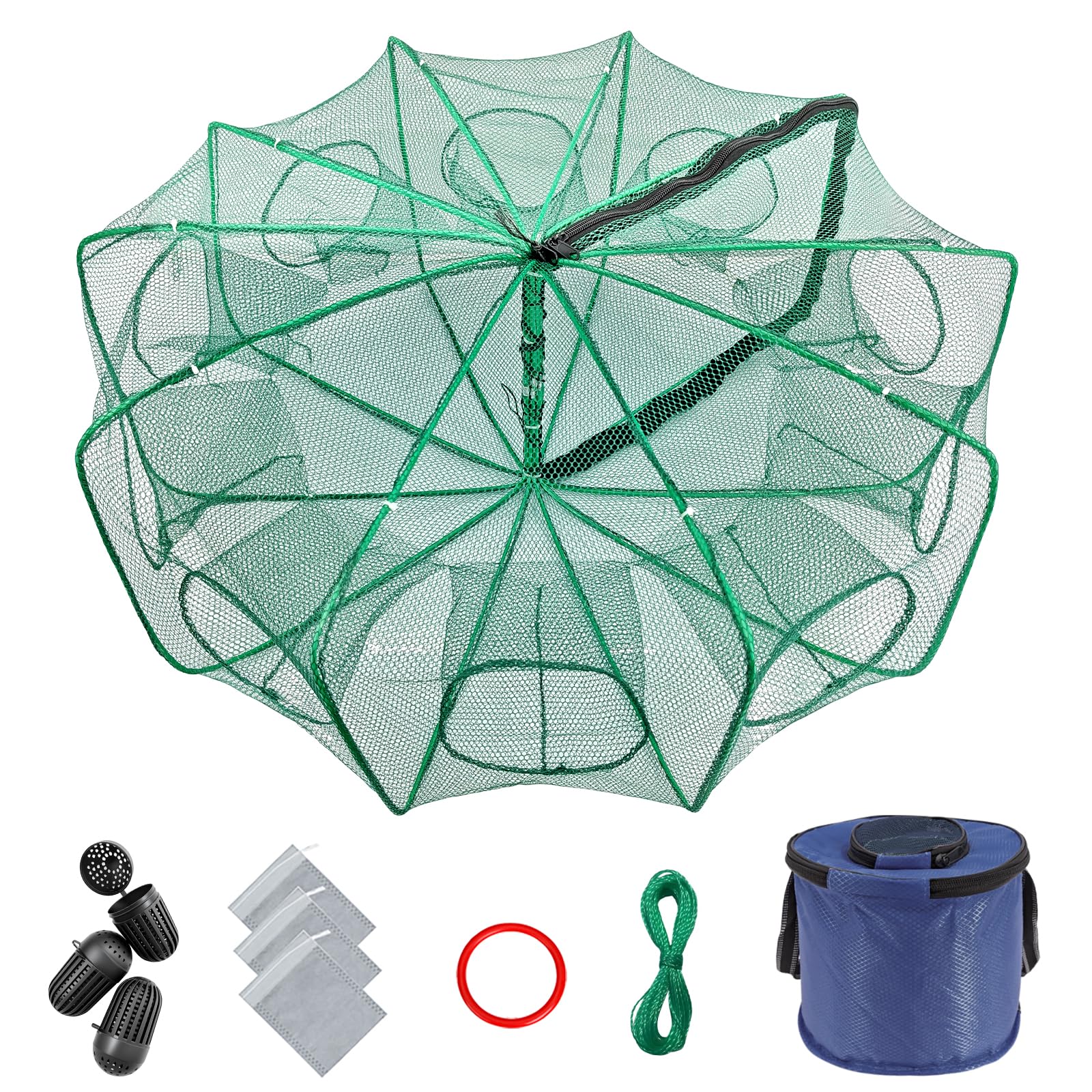 Front view of Minnow Trap 32in x 10in foldable net with collapsible fish bucket