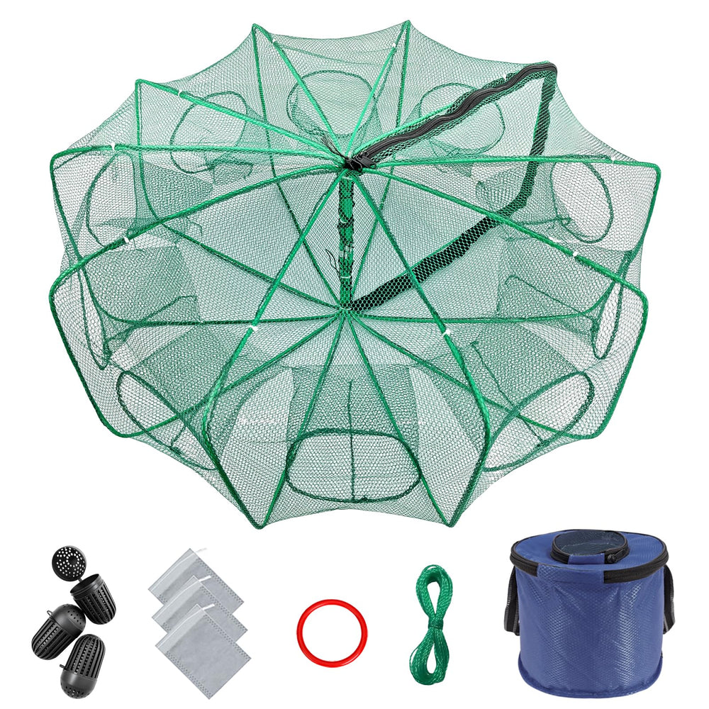 Front view of Minnow Trap 32in x 10in foldable net with collapsible fish bucket
