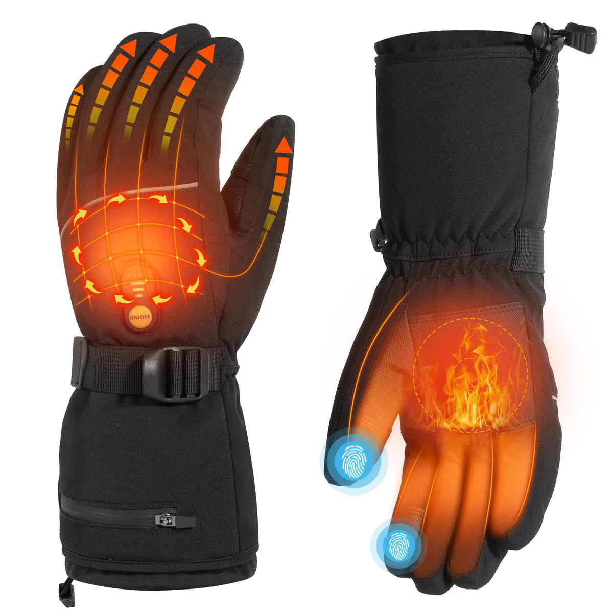 Minthouz heated gloves in a winter ensemble deliver full-hand warmth.