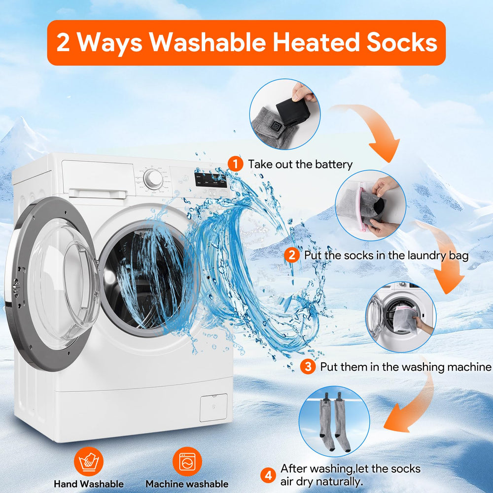 Minthouz heated socks worn during skiing or camping for winter warmth.