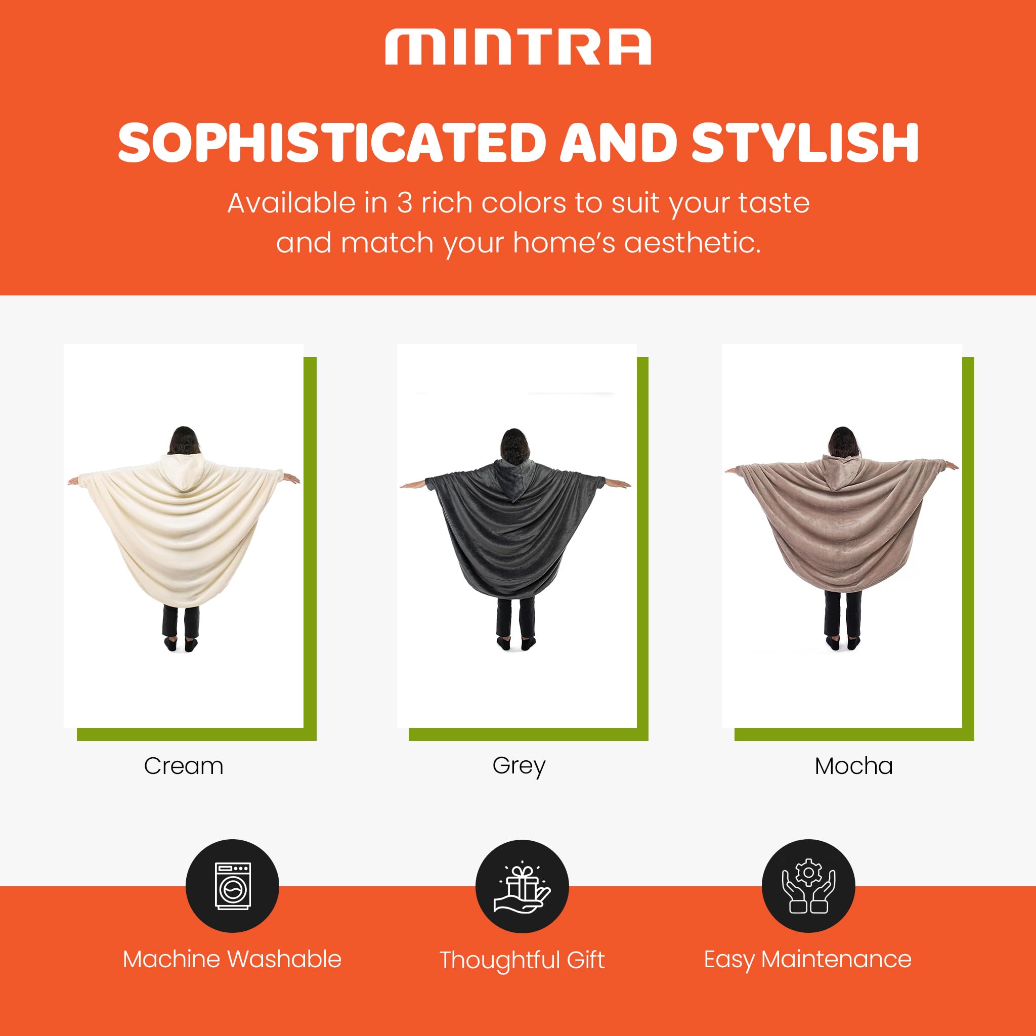 Mintra wearable blanket hoodie shown as one-size-fits-all for versatile lounging.