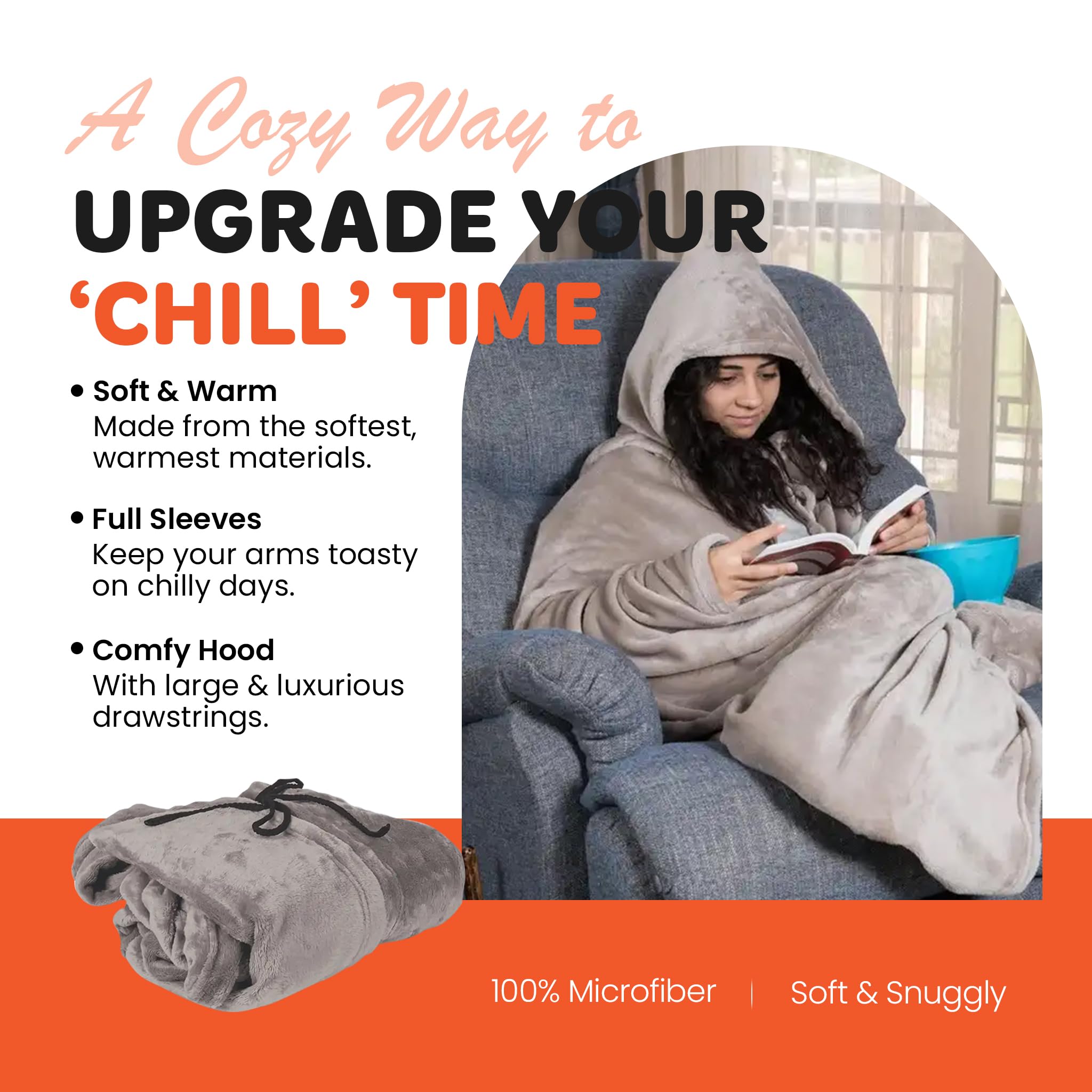 Mintra hoodie blanket soft fabric close-up conveys luxurious comfort for relaxing evenings.