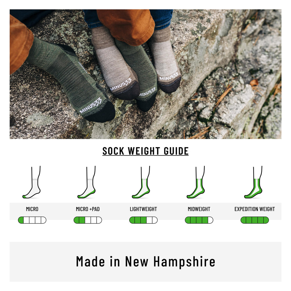 Minus33 Merino Wool USA made hiking socks in action across temperatures.