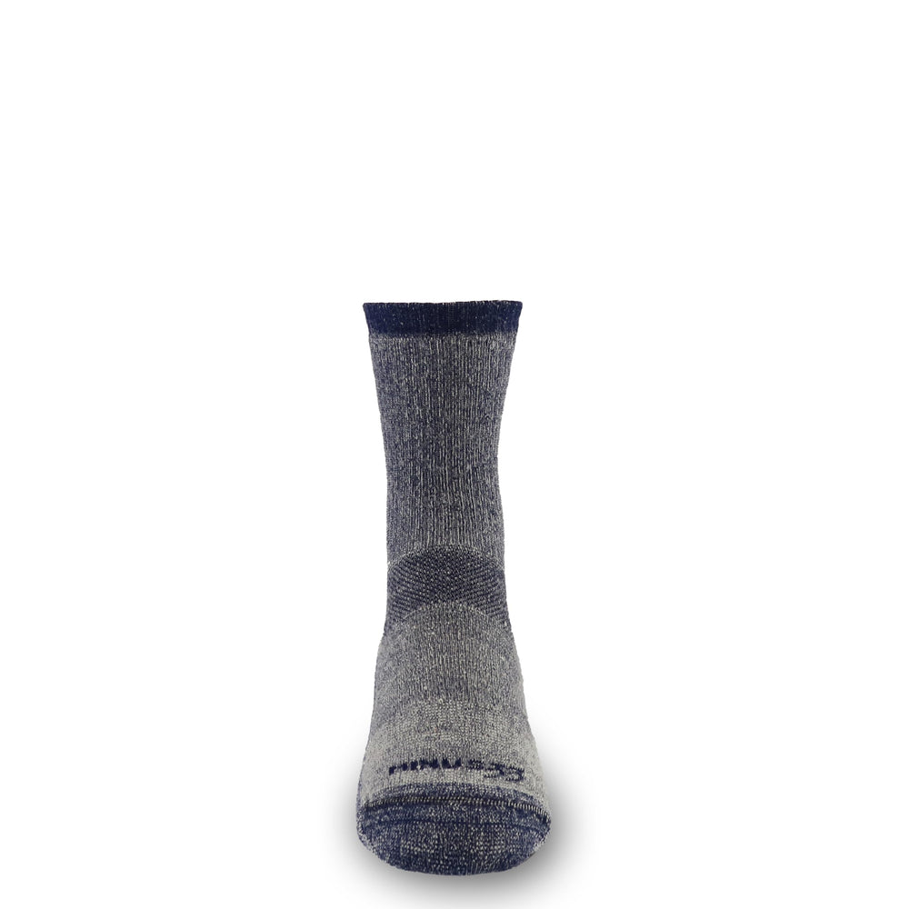 Minus33 Merino Wool crew socks, denim heather, side view highlighting ankle protection.