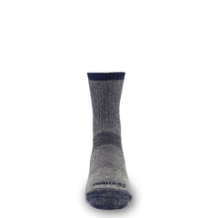 Minus33 Merino Wool crew socks, denim heather, side view highlighting ankle protection.