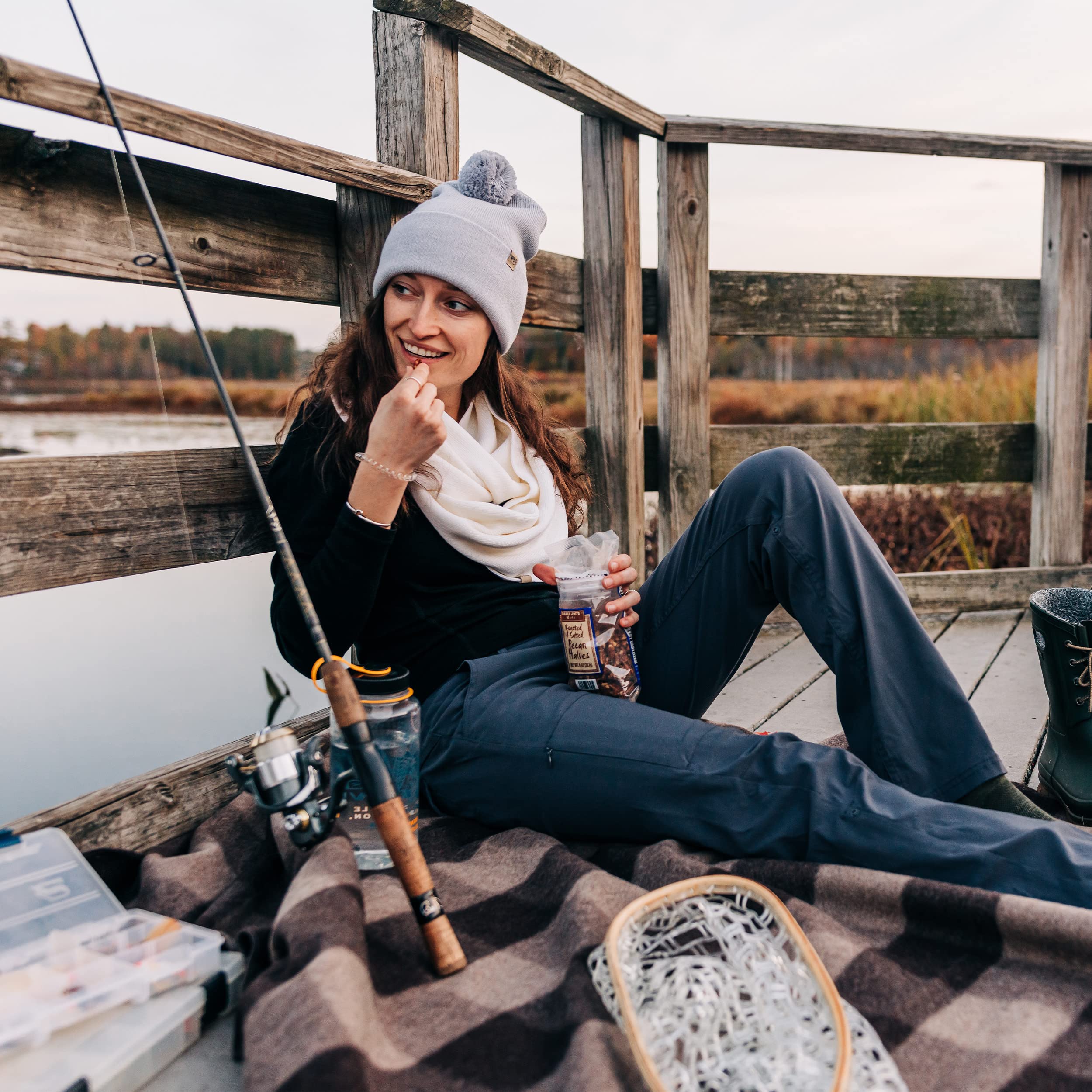 Minus33 navy beanie on desk ready to wear