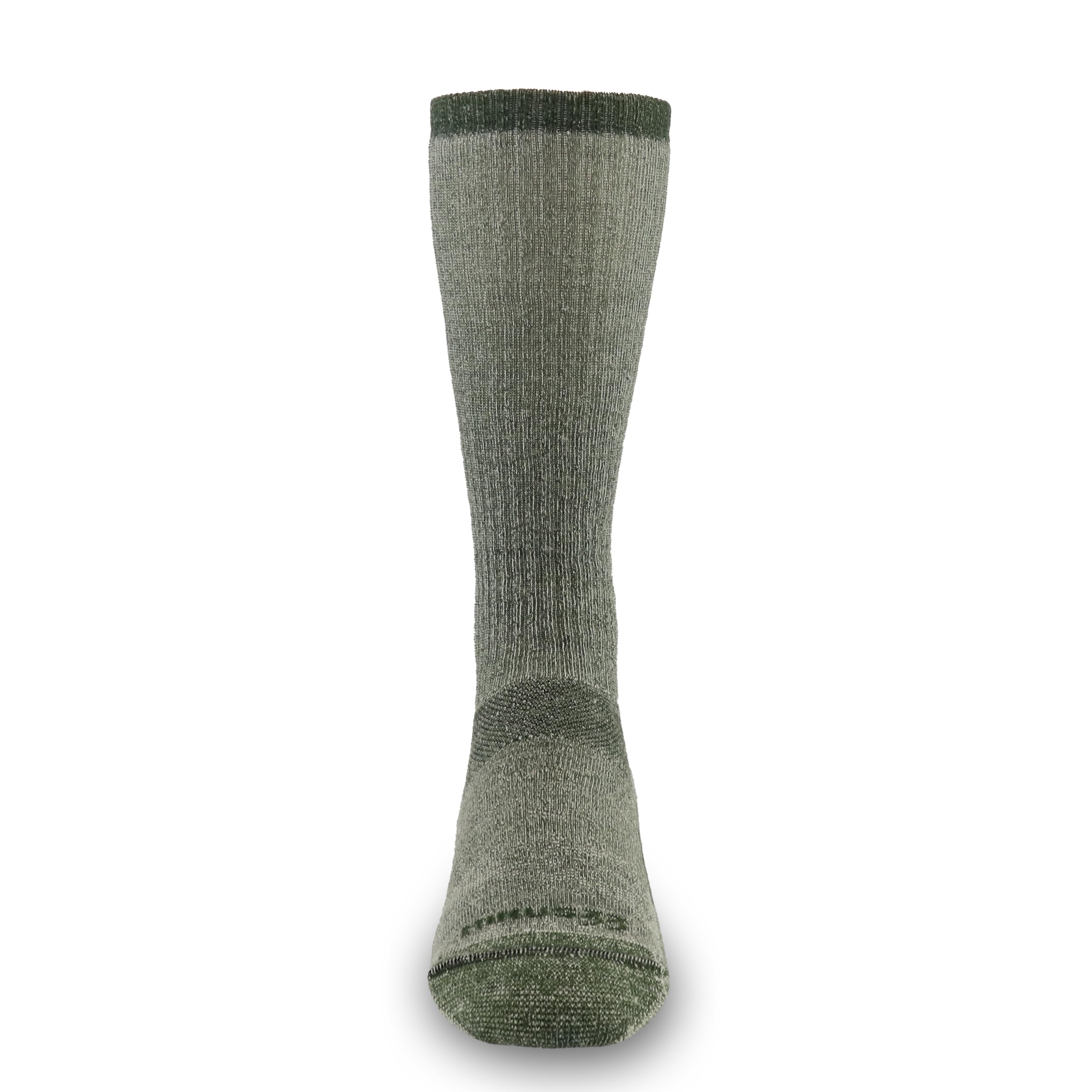 Minus33 performance-fit mountaineering socks in olive green enhance stride stability and reduce slipping.