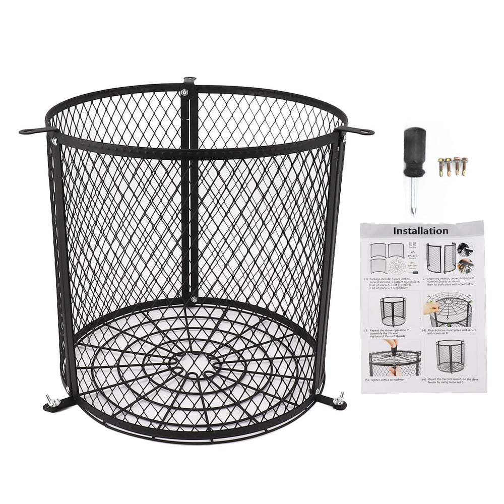 Miokycl varmint feeder cage side view highlights weatherproof cage for outdoor use.