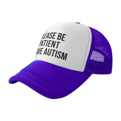 Miowjals please-be-patient purple-trucker-hat front view for casual daily wear.