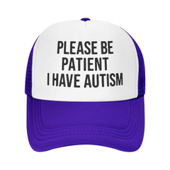 Miowjals please-be-patient purple-trucker-hat side view showing unisex design.