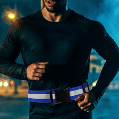 Mipcase night-visibility belt worn during cycling enhances visibility in low light.
