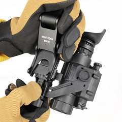 MIRAGETARGET Rhino Mount attached to helmet shows stable mounting during movement.